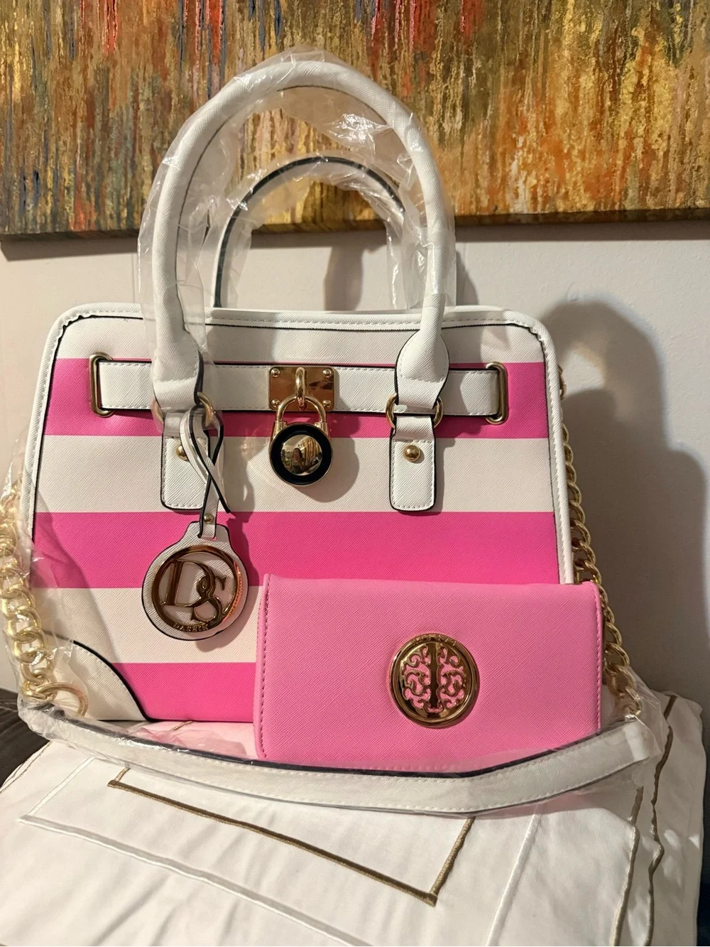 Pink & White Striped Satchel with Pink Wallet by